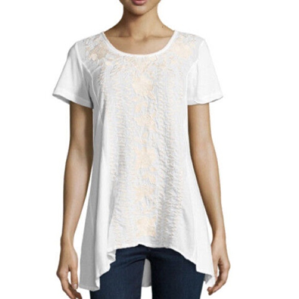 Johnny Was Womens Embroidered Short Sleeve Tunic Blouse